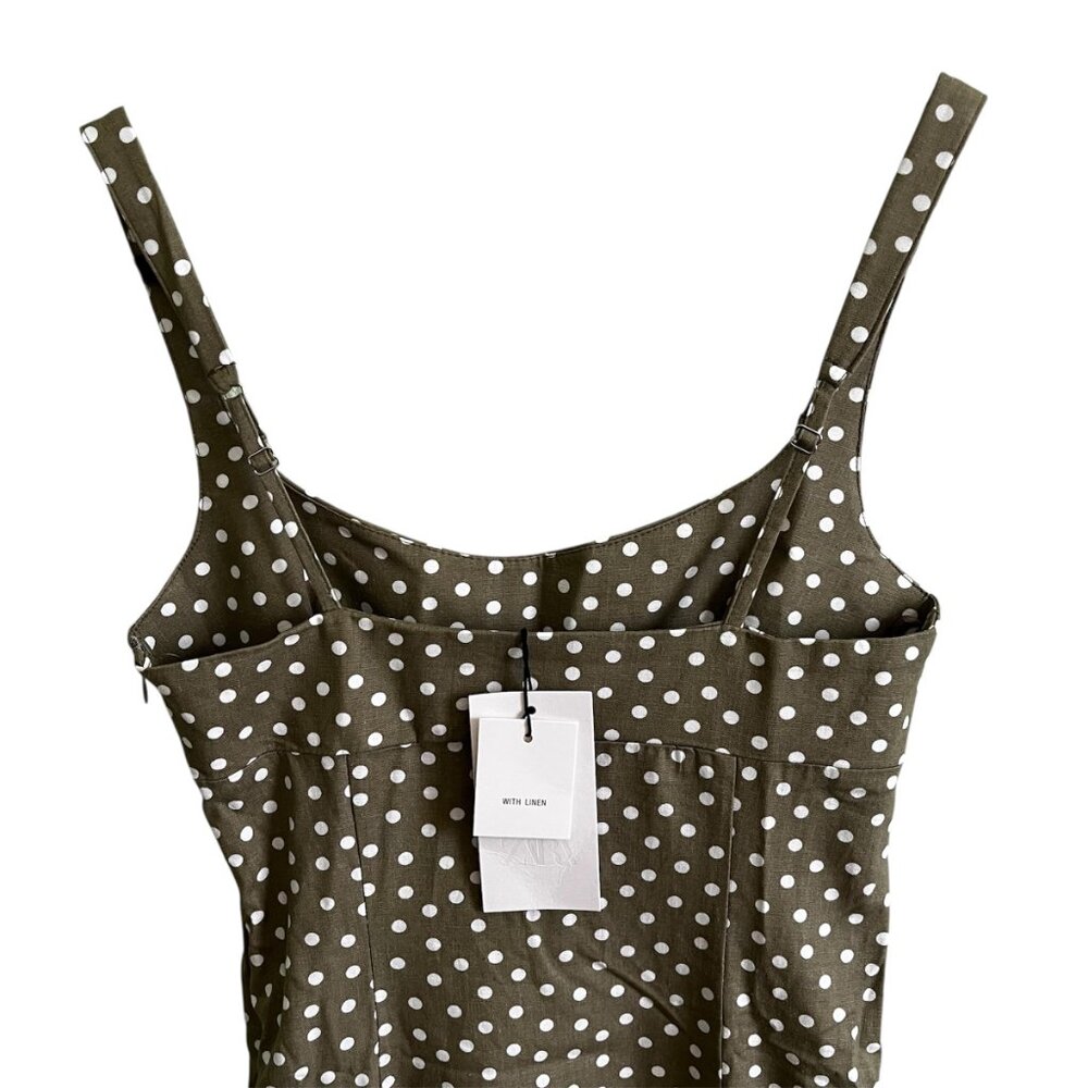 Zara Linen Blend Polka Dot Midi Dress XS Ecru Khaki Front Slit NWT Summer Party - Picture 10 of 14